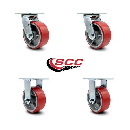 Service Caster 5 Inch Red Poly on Cast Iron Caster Set with Roller Bearings 2 Swivel 2 Rigid SCC-30CS520-PUR-RS-2-R520-2